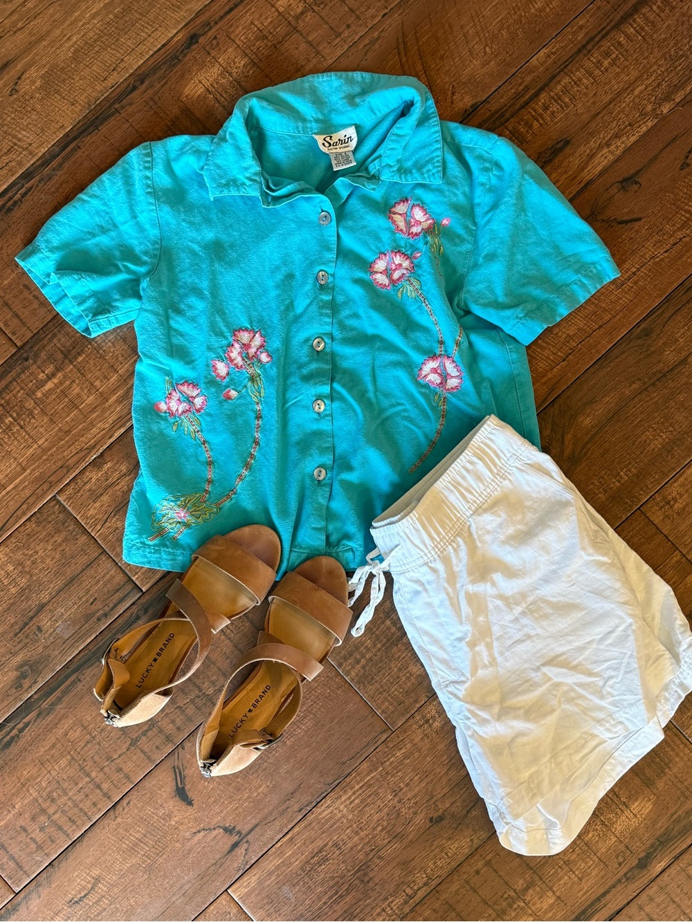 Vintage Sarin New York Embroidered Linen Blend Crop Shirt Floral Button Down S